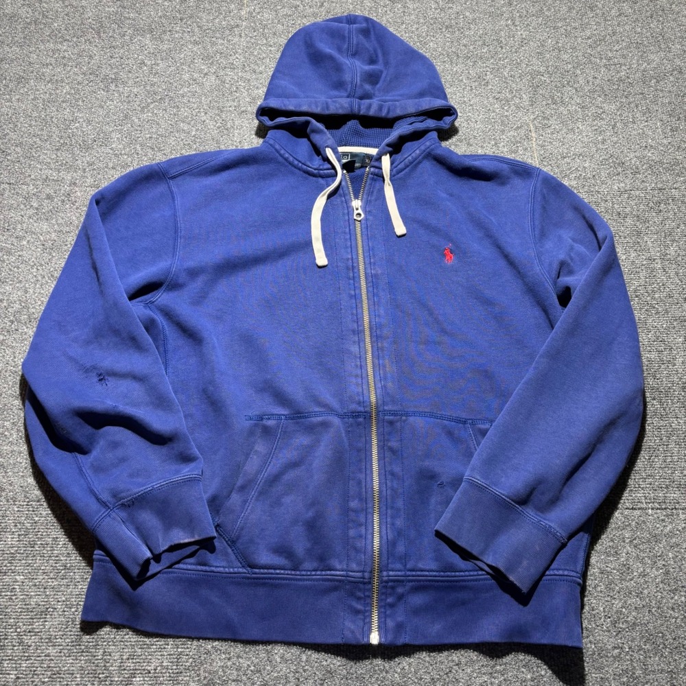 Polo Ralph Lauren Mens XXL Blue Full Zip Thermal Distress Lined Hoodie Faded